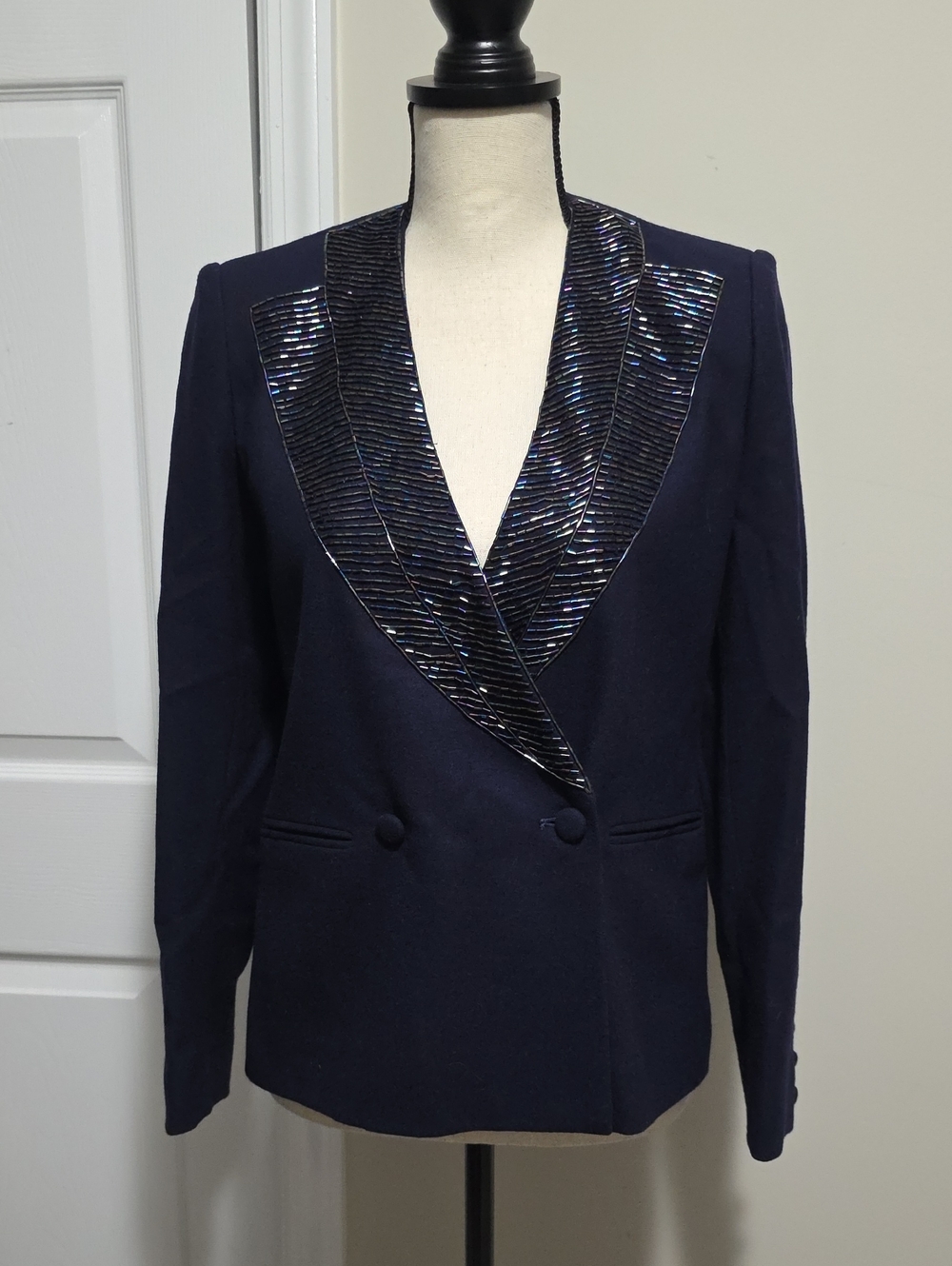 Harve Benard Vintage Wool Beaded Embellished Blazer Jacket Size 6 Blue